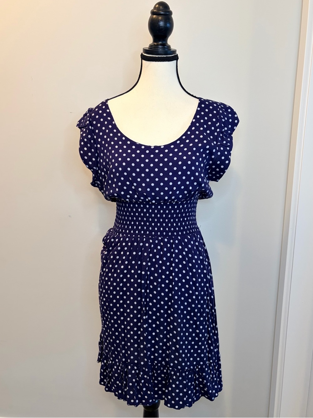 American Rag Co Navy Blue Polka Dot Dress. Size Large